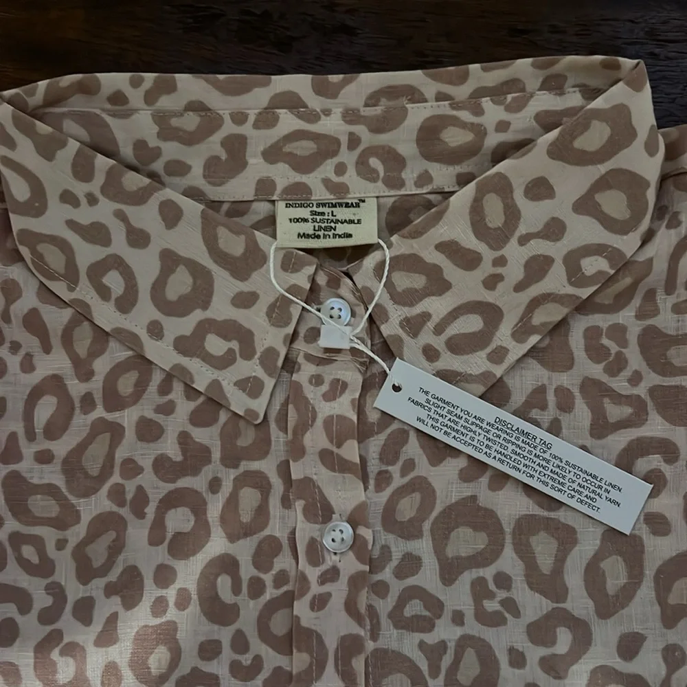 INDIGO SWIMWEAR Cardiff Pink Leopard 100% Linen Tunic Shirt Swim Coverup